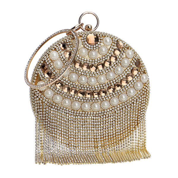 Circular Women Clutch Tassel Rhinestones Evening Bags Acrylic Beaded Chain Shoulder Purse Evening Bags For Party Wedding