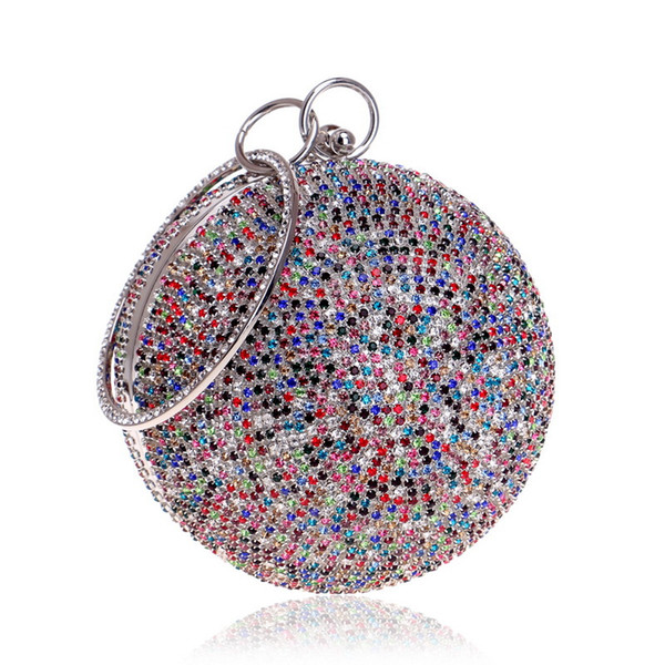 New Arrival Women Evening Clutch Purse Diamonds Colorful Lady Round Shaped Chain Shoulder Wedding Handbags Crystal Purse YM8105