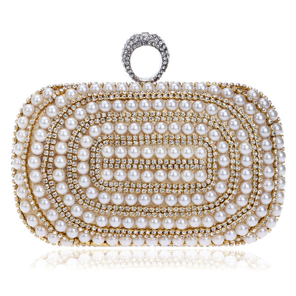 Beaded Women Evening Bags Diamonds Finger Rings Small Purse Day Clutches Handbags Silver/Gold/Black Pearl Wedding Bags YM1027