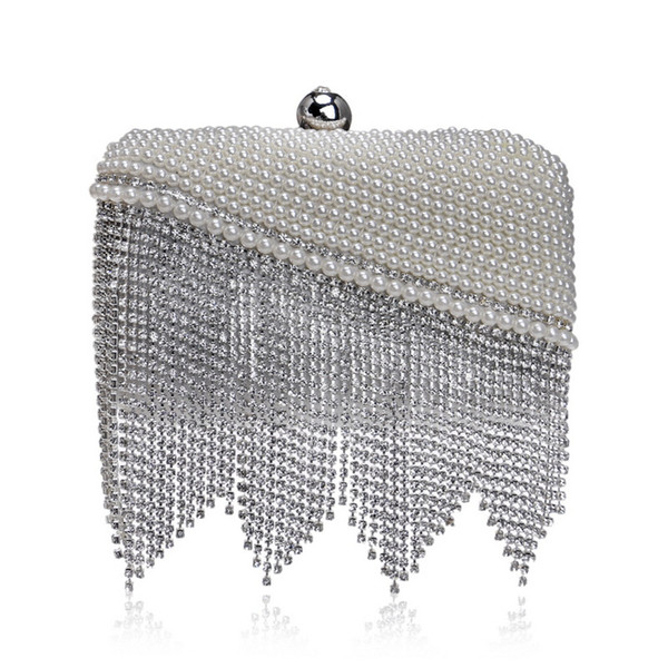 Beaded Tassel Rhinestones Women Evening Bags Small Pearl Diamonds Chain Shoulder Handbags Purse Party Wedding Purse