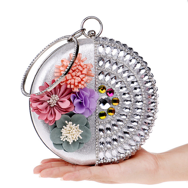 Women Clutch Flower Diamonds Lady Evening Bags Round Shaped Rhinestones Handmade Beaded Chain Shoulder Purse Evening Bags