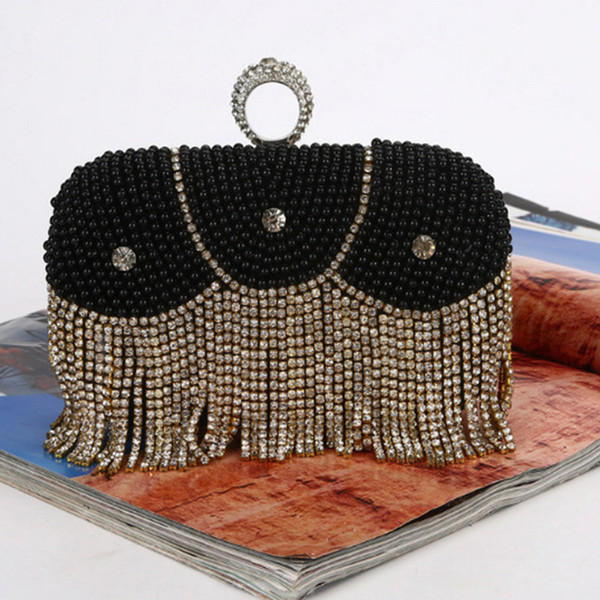 European and American style evening bag pearl clutch bag silver black pearl chain decorative iron buckle sealing bag