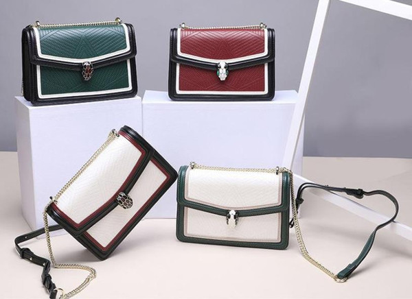 Single shoulder new leather ms bag stone leather color matching chain lock aslant fashion the snake bag Women fashion bag HK