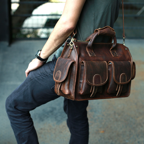 Zeemoo Original Crazy Horse Leather Man Bag Messenger Bag Hand-Made Leather Messenger Bag Travel Portable Briefcase