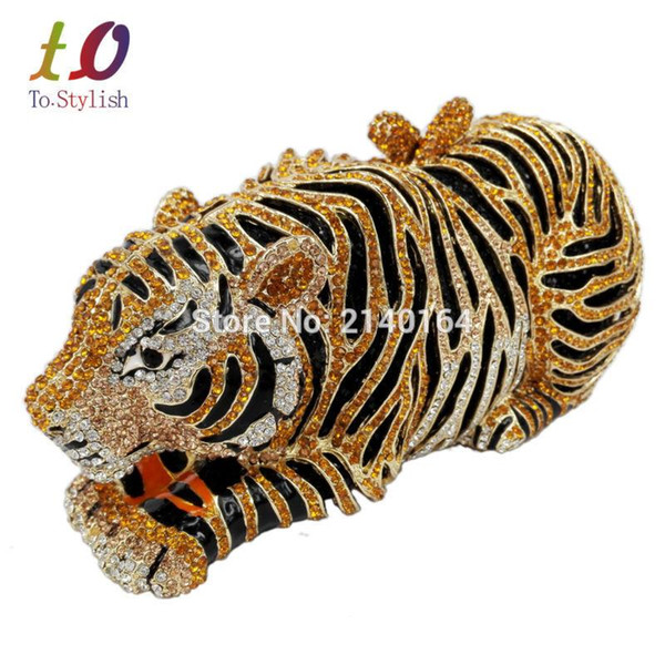 Wholesale- Stylish Animal Tiger Diamond Evening Bag Gold Luxury Diamante Crystal Clutch bag Wedding elegant bride Party banquet Purse