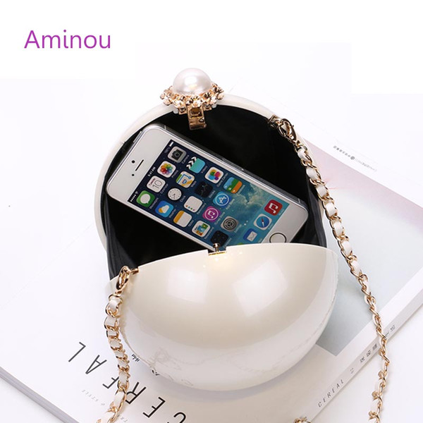 Wholesale- AMINOU Women Round Bag Acrylic Clutch Pearl Purse Handbag Mini Bolsa Redonda Ladies Evening Party Wedding Bags