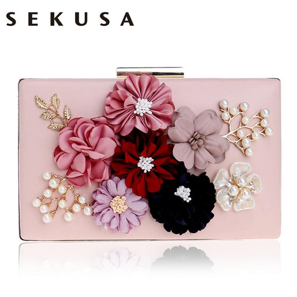 SEKUSA PU Fashion Women Evening Bag Flower Beaded Small Day Clutch Evening Bag With Chain Shoulder Handbags