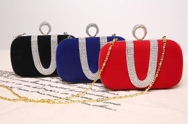 Wholesale-New 2015 Fashion Female Diamond U Shape Diamond Ring Velvet Evening Bag Finger Clutch Purse Wedding Party Bag With Chain