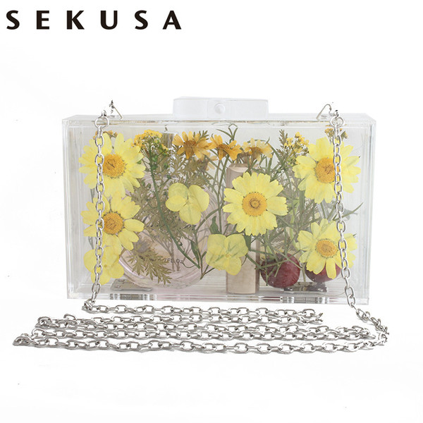 SEKUSA Flower women clutch plastic clear box case shoulder handbags summer dress evening bags