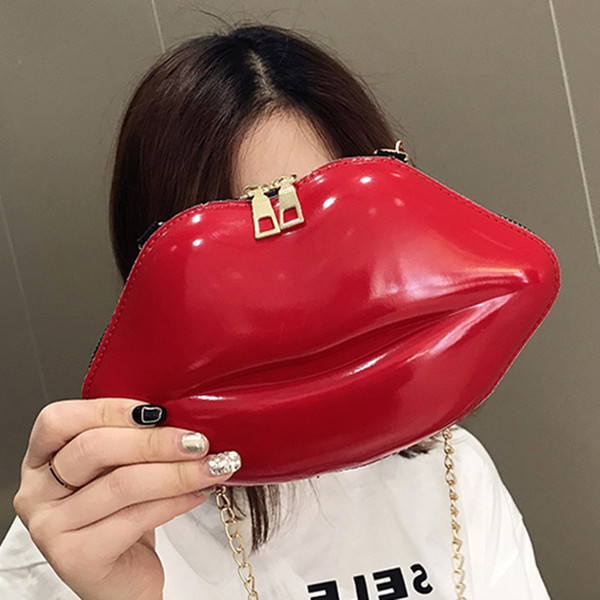 Fashion Women Patent Leather Red Lips Clutch Bag Ladies Chain Shoulder Bag Handbags Evening Bag Lips Shape Purse