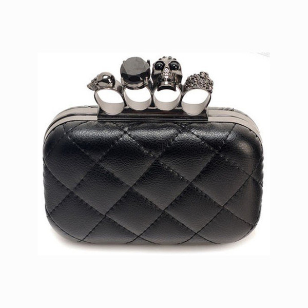 Wholesale-Fashion Woman Leather Evening Clutch Hand Bags Creepy Skull Rings Handbag Halloween Party Chain Shoulder Bag Plaid Purse XA219H