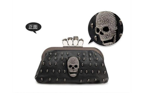 New Fashion Women's Handbags PU Leather Lady Skulls Knuckle Black Duster Ring Bag Clutches Evening Bag