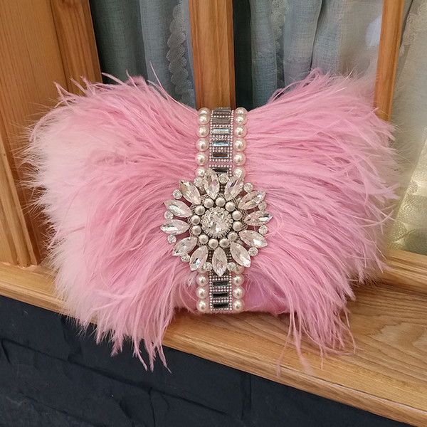 New fashion rhinestone evening bag ostrich feather bag diagonal shoulder chain women's bags