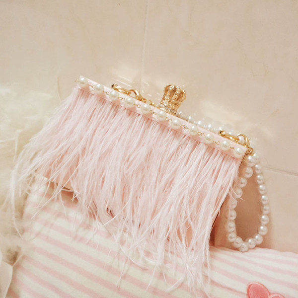 2018 Luxury Pink Feather Evening Bag Beaded Pearls Chain Pary Formal Women Handbags High Quality Hot Sale Shoulder Bag Crossbody Flap Bag