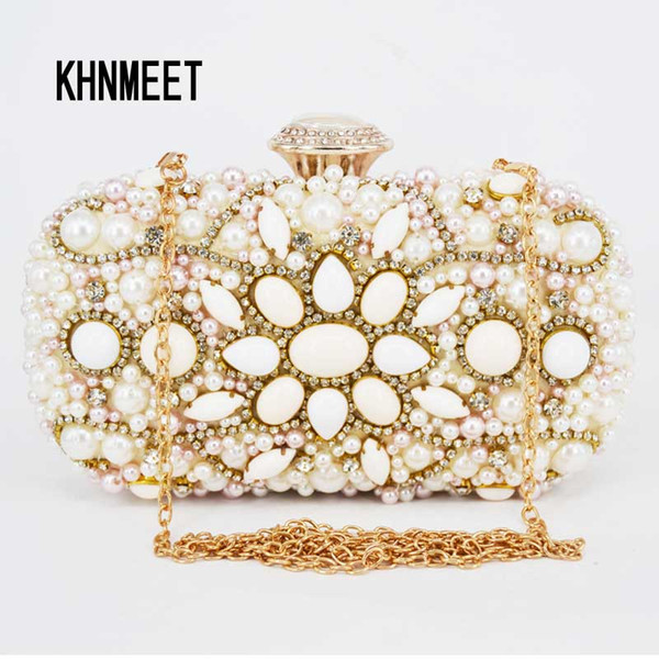 Fashion Beige Women Beaded Evening Bag Banquet Clutch Dreaming Wedding Purses Party Designer Handbags With Chain Clutch Bag 13