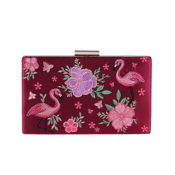 National Chinese Style Women Vintage Floral Red Clutch Purse Bridal Wedding Embroidery Flower Bird Cocktail Party Evening Bag