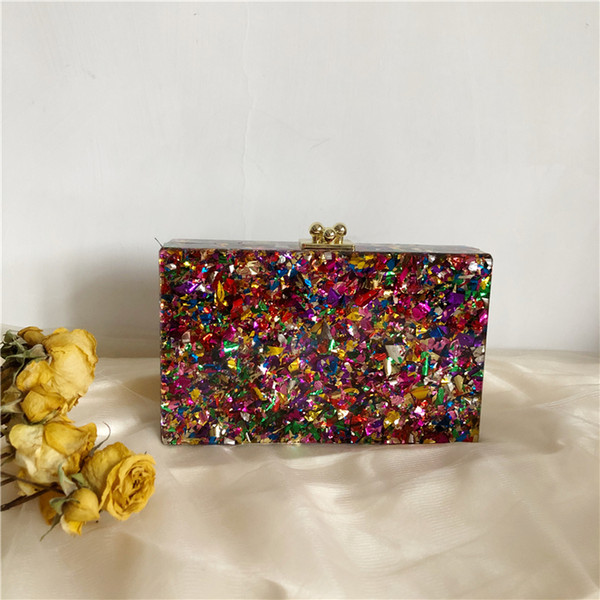 Colorful Color Acrylic Box Clutches Women Messenger Shoulder Day Clutches Lady Fashion Glitter Flap Shell Nice Acrylic Bags