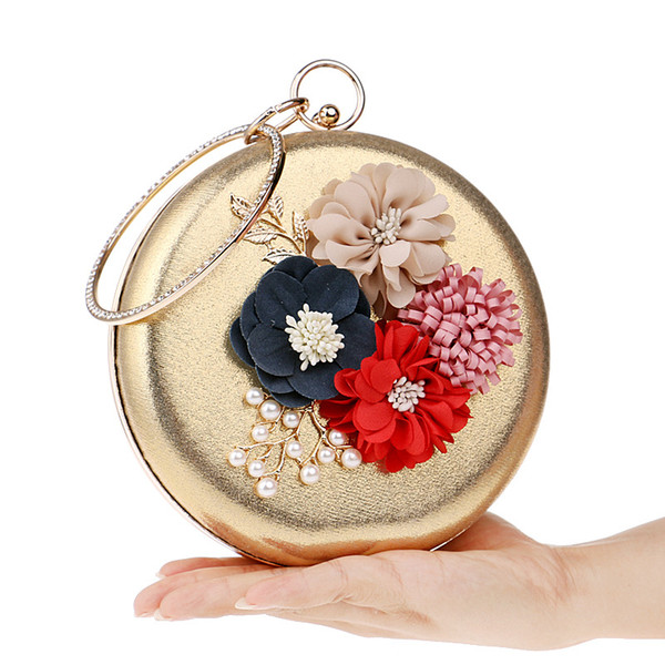 Spring Design Flower Lady Evening Bags Leaf Metal Round Shaped Women Evening Bags Day Clutches Purse Diamonds Chain Shoulder Bag