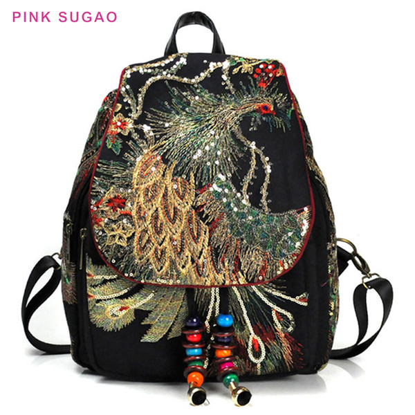 Pink sugao women backpack designer backpacks shoulder bag embroidery new women's bag peacock embroidered bag canvas women's backpack