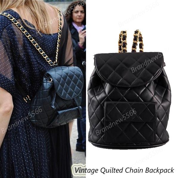 excellent quality vintage quilted black lambskin leather backpack gold chain double shoulder backpack girl fashion school bag