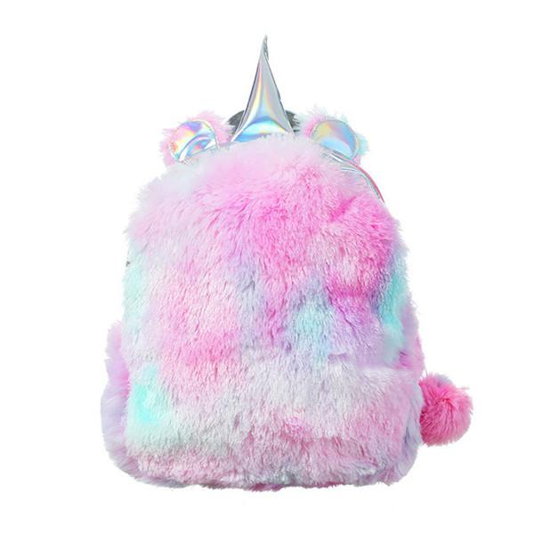 Plush Unicorn Hologram Backpacks Women Laser Mini Double Shoulder Bag Kawaii Lolita Student Rainbow Fur Backpack with Cute Ear