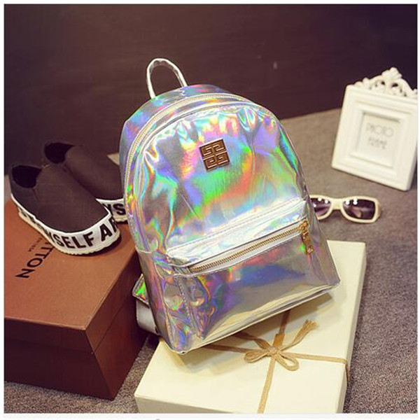 Wholesale-2016 New Hologram Laser Backpack Girl School Bag Shoulder Women Rainbow Colorful Metallic Silver Laser Holographic Backpack