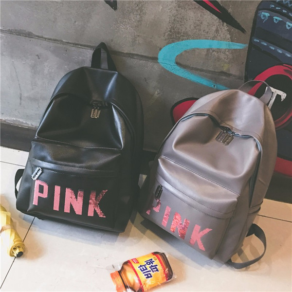 Brand-Women Pink Sequins Backpack Pink Letter Sequin Glitter Backpacks PU Fashion School Bags Waterproof Travel Bags Teenager Shoulder Bags