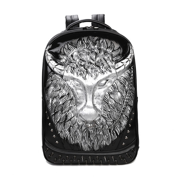 Men movement Casual tourism backpack 3D Bull head outdoor personality Tide cool waterproof computer Cell phone Document hidden zipper pocket