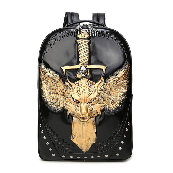 Men Casual entertainment backpack 3D outdoor personality war Wolf cool student waterproof Cell phone computer Rivet Backpack