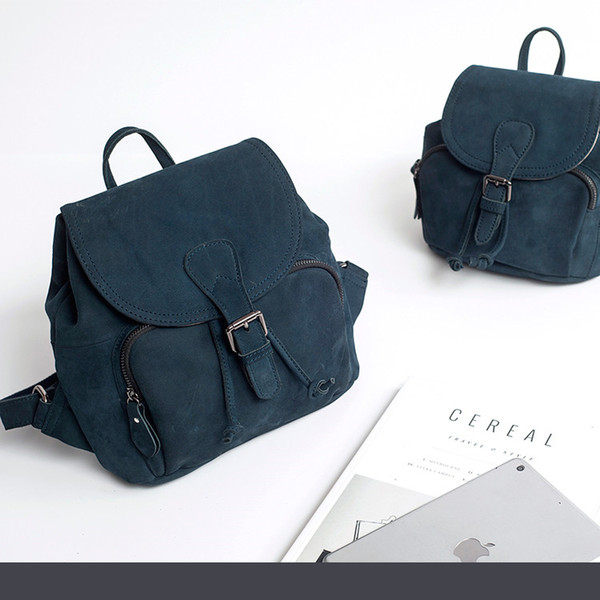 2018 Fashion Nubuck Leather Backpack Top Layer Leather Genuine Bag Mini Top Flap Knapsack High Quality Schoolbag Korean Casual Style Student