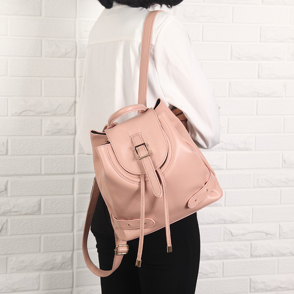 Head Layer Cowhide Bucket Bag Backpack Preppy Style Soft Athered Drawstring Top Tighten Cap Magnetic Snap Closure Lady Bag
