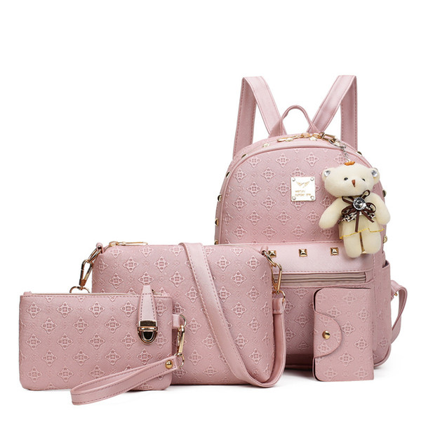 New 4Pcs Set Fashion Brand Women Fashion Backpack with Purse Bag PU Leather Embossing Rucksack Girls High Quality School Bag Travel
