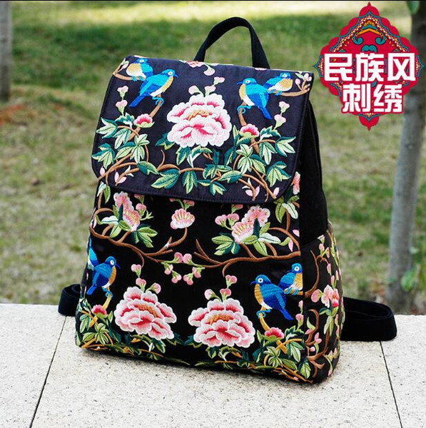 2019 new national wind embroidery flower canvas backpack female student bags retro large capacity backpack travel bag