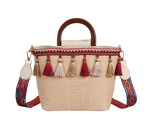 Women fashion beach Straw bags Boho New Chic Handmade Woven tassel Ethnic Bohemian Bucket bag drawstring Handbag Summer holiday Shoulder Bag