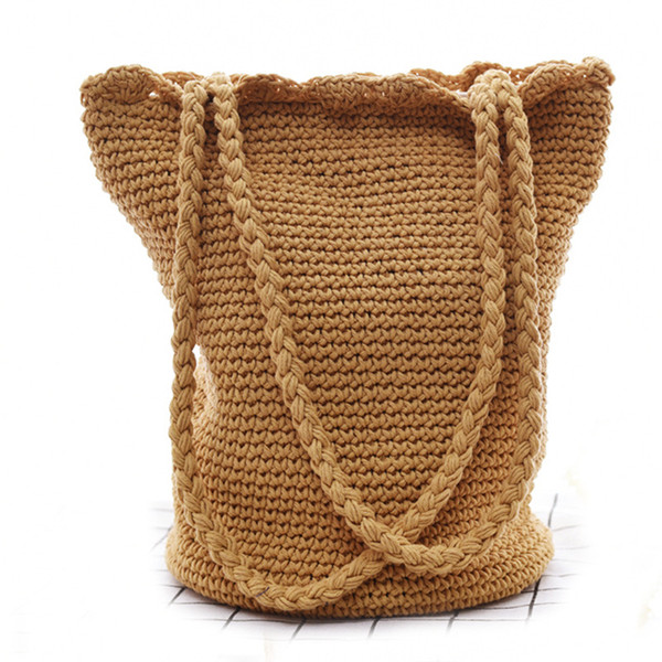 Women fashion beach bags Boho New Chic Cotton and linen Handmade Woven Straw Bucket drawstring Handbag Summer Bohemian holiday Shoulder Bag