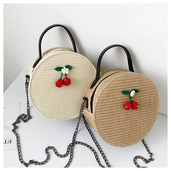 Women fashion beach Straw bags New Chic summer cherry decoration weave Small round Crossbody bag Bohemian holiday Handbag chain Shoulder Bag