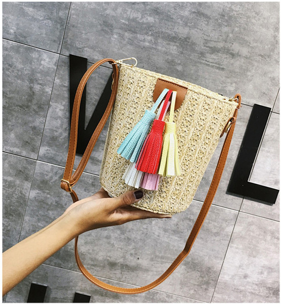 Women new fashion beach Straw bags Boho Chic tassel Drawstring bucket Bags weave Bohemian Handbag Summer holiday seaside Shoulder Bag