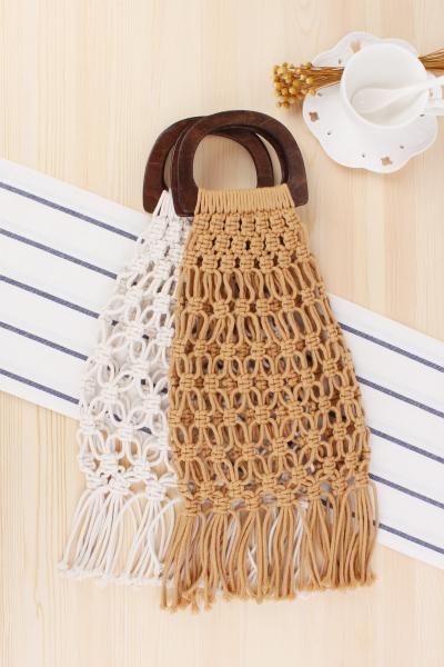 Women fashion beach bags Boho Handmade cotton rope Braided Woven wooden handle straps hollow Net Straw Handbag Summer Bohemian holiday bag