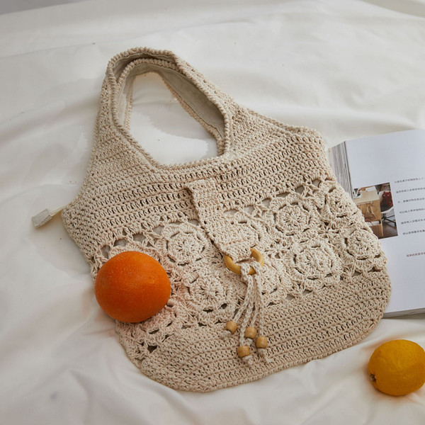 Women fashion beach bags Boho Chic Handmade hollow crochet Cotton woven Retro casual Straw Handbag Summer Bohemian holiday Shoulder Bag Tote