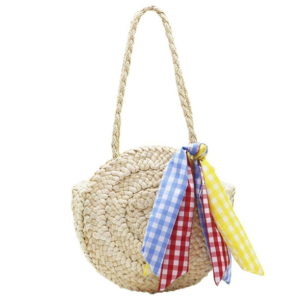 best selling natural color round straw beach bucket shoulder hobo tote shopper bag for ladies women popular summer weave handbag with scarf