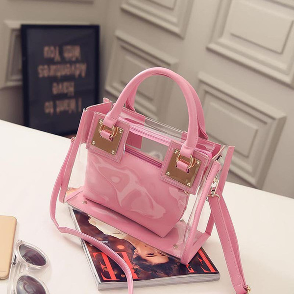 2pcs/set summer candy color women leather PVC purses and handbags chain square transparent beach totes fashion shoulder beach bags women