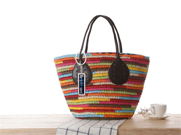 2018 New Anti-Lost Rainbow Stripes Mixed One-Shoulder Straw Bag Woven Beach Bag Casual Handbag