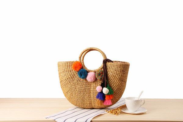 Female straw bag handmade yellow grass weave handbag colorful tassel wool ball beach bag