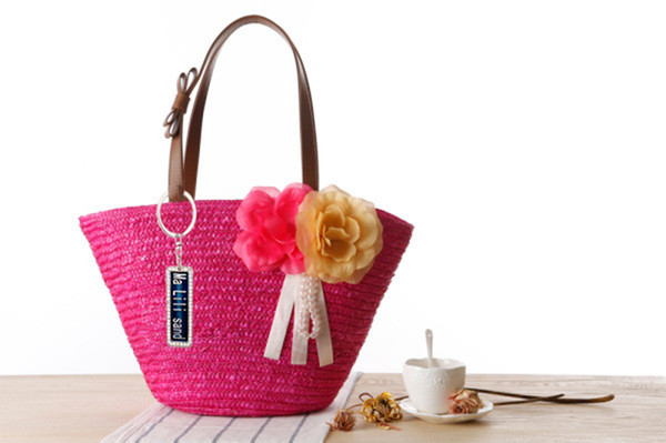 New Anti-Lost Garden Two Flowers Straw Solid Color Shoulder Bag Hand-Woven Bag Beach Bag Handbag