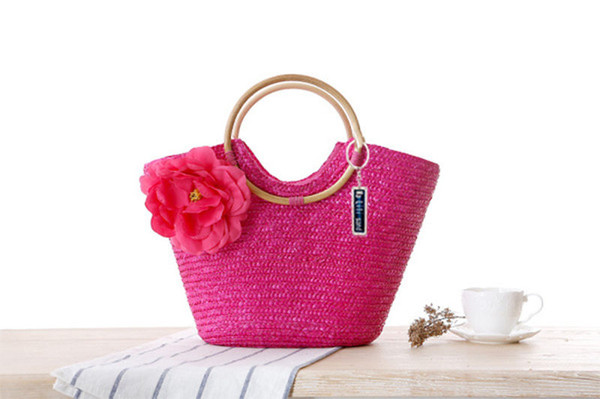 2018 New Anti-Lost Handle Woven Bag Flower Hand-Woven Straw Bag Beach Bag