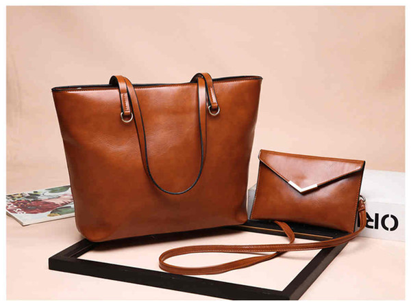 2018 Europe And The United States New Oil Wax Leather Mother Bag Two-Piece Fashion Handbag Shoulder Bag Ladies Bag