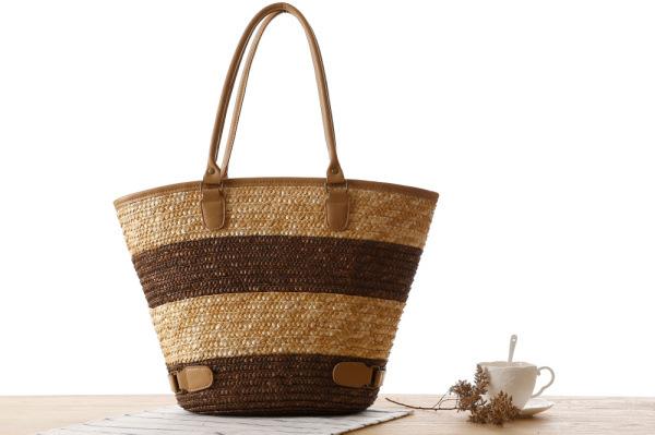 New European and American style simple straw bag striped large capacity woven bag beach bag