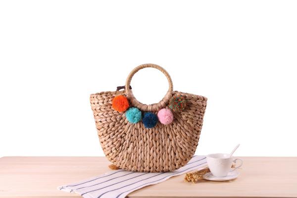 Forest Department Simple Handcuffs Straw Balls Fringe Handmade Woven Bag Summer Beach Bag