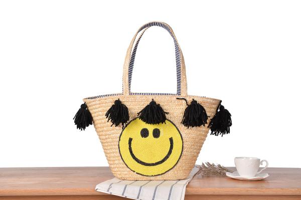 Small fresh wool tassel one shoulder straw bag fashion sequin smiley holiday beach woven bag