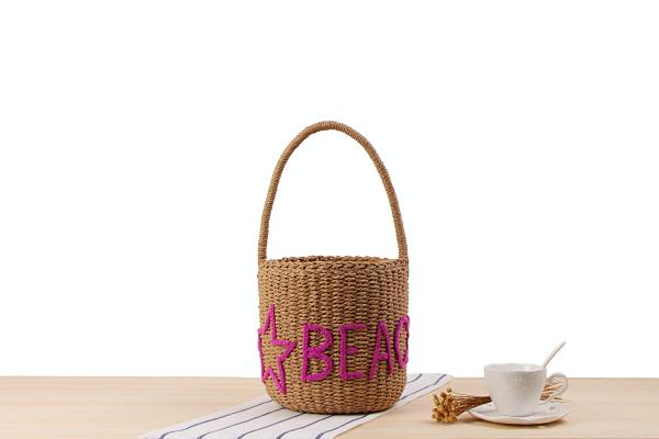 New hand embroidered five-star letter bucket bag simple fashion bag beach wild cylinder straw bag